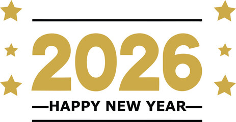 Gold 2026 Happy New Year text with stars and lines on a background vector