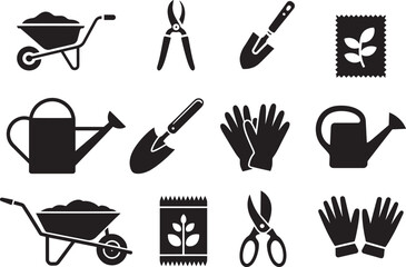 Black silhouette icons of gardening tools and supplies on white background vector