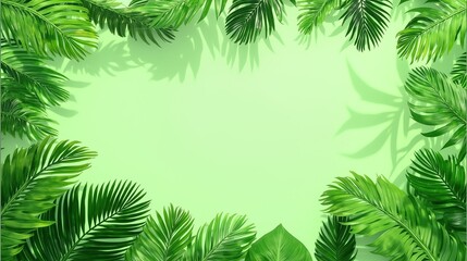 vibrant green background, frame, border, corner border formed by palm fronds, with visible shadows, copy space in the center