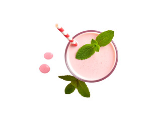 Vibrant Pink Smoothie in a Glass with Fresh Mint Garnish and Small Drops, Top View