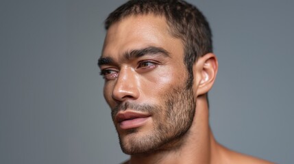 Obraz premium A close-up portrait of a handsome man showcasing strong features and captivating eyes, ideal for lifestyle themes.