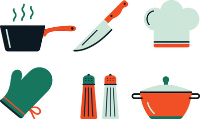 Flat icons of cooking pot knife chef hat oven mitt salt pepper shakers saucepan kitchen