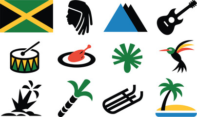 Jamaican flag profile mountains guitar drum chicken plant hummingbird palm trees sugarcane green