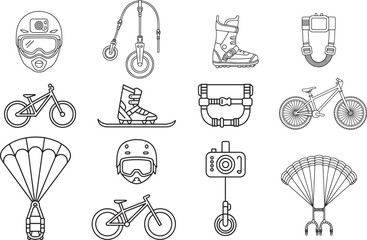 Line art set of extreme sports equipment and vehicles gear