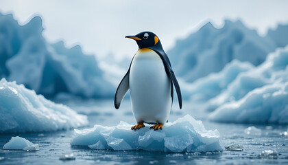 Naklejka premium An emperor penguin stands proudly on a shimmering ice floe, amidst a stunning backdrop of icy glaciers and arctic ocean.