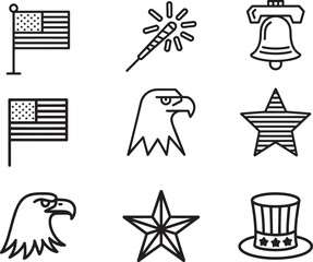 Set of six black and white line art icons for American Independence Day flag eagle