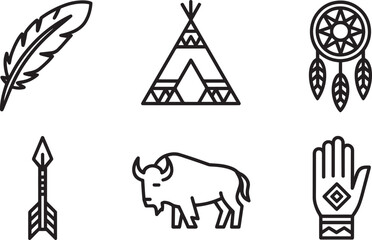 Set of six black line art icons featuring indigenous American symbols feather quill