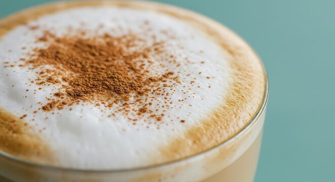 Cinnamon Latte: A close-up shot of a delightful latte, crowned with a fluffy cloud of frothy milk and a dusting of cinnamon, showcasing the warmth and comfort of a classic beverage. - Powered by Adobe