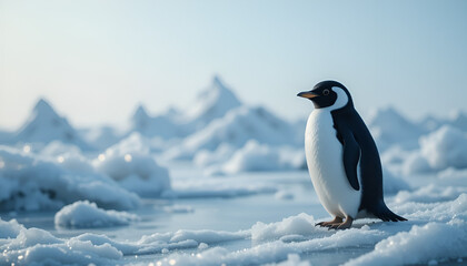 A striking emperor penguin stands majestically on the glistening ice with snow-covered mountains in the distant, frozen arctic landscape.