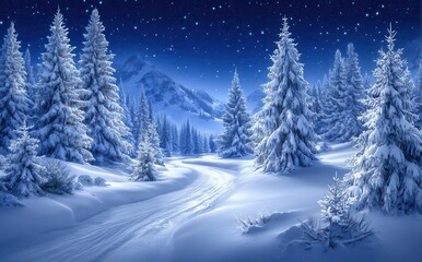 Fototapeta premium The forest, covered in a thick layer of snow, shines under a magical night sky filled with stars