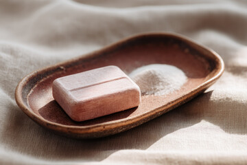 Handcrafted soap bar pink color softened edges on ceramic dish natural light minimal style spa relaxation clean wellness calm atmosphere