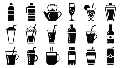 Collection of various beverage icon illustrations in black and white for food and drink concepts