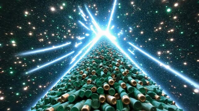 A large pile of ammunition cartridges arranged as a stylized tree form.