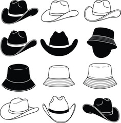 a set of Elegant Western cowboy Hat Silhouettes with vintage-style Simple Vector Logotypes 