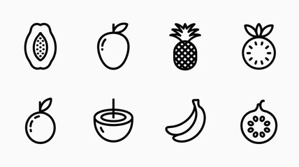 Simple black and white illustrations of various tropical fruits in minimalist style