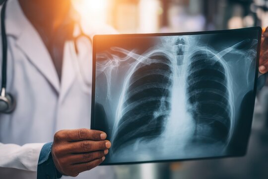 At the radiology department of a hospital, a male doctor examines a patient's chest x-ray film, which includes a lungs scan, as a Covid-19 detection method using body x-ray tests, highlighting the