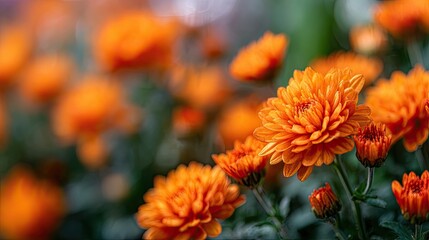 Close-up view of vibrant orange chrysanthemum blossoms.
