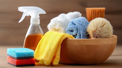 Cleaning supplies in wooden bowl including towels, sponges and spray bottle