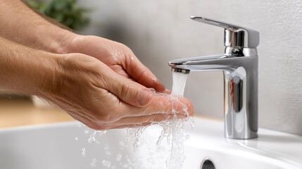 Close-up of hands being washed under running tap water in modern bathroom
