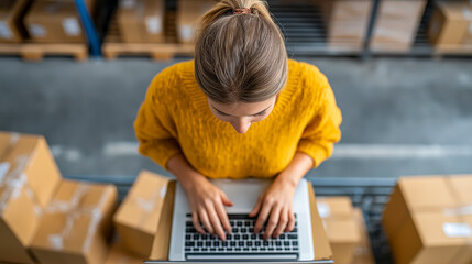 Young woman in yellow sweater working on laptop in warehouse surrounded by boxes