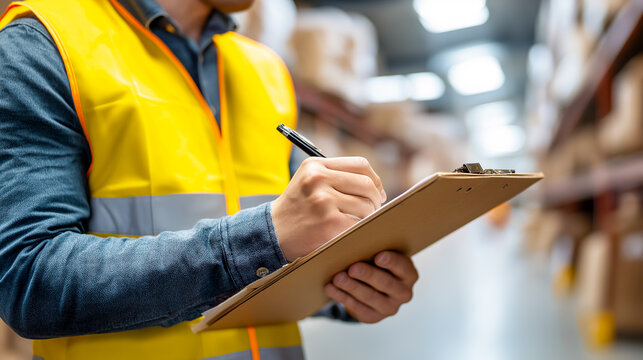 Warehouse worker in safety vest writing on clipboard while inspecting inventory