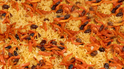 Kabuli Pulao, Afghani Cuisine with Pilaf, Pilau in Street Buffet, Traditional Afghanistan Pilaw