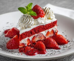 Strawberry poppy seed cake with cream on a plate