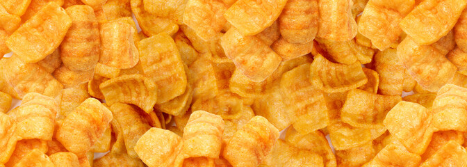 Bacon chips pattern, puff crisps wallpaper, puffs with spices, crunchy rice puffed snacks texture