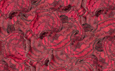 Dry beetroot chips pattern, dried sliced red beet flakes wallpaper, beet root pieces and chips
