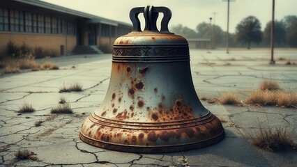 Old rusty bell standing on cracked asphalt with dry grass and blurred buildings in the background, concept of oblivion or end of an era