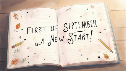 Open notebook or journal with the words "First of September, A New Start!" and drawings of pencils and autumn leaves, lying on a wooden table, concept of the beginning of a new academic year