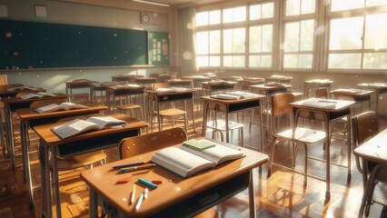 Empty classroom with desks and open books, bathed in sunlight streaming through large windows, creating a peaceful and bright learning atmosphere