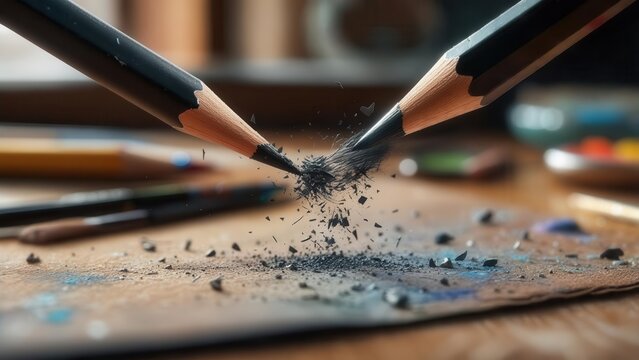 Two graphite pencils colliding, creating a scattering of lead shavings on paper, concept of creative process or conflict of ideas