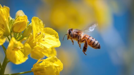 Honeybee in flight near bright yellow flowers.