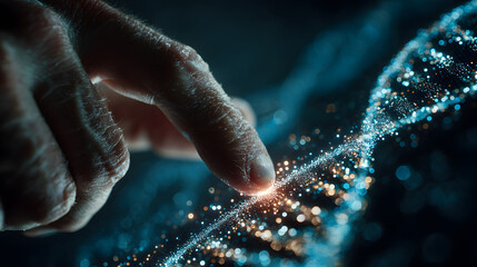 Close-up of a hand interacting with a glowing digital DNA strand on a touchscreen, symbolizing genetics and biotechnology.