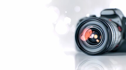 Close-up shot capturing the intricate details of a camera lens with a bright white background, showcasing its optical precision.