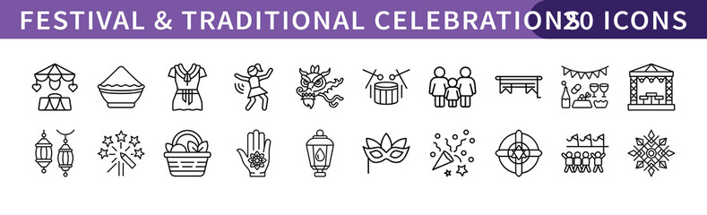 Festival and Traditional Celebration Icons Set, A collection of 20 icons representing various festivals and traditional celebrations, ideal for cultural, holiday, and event-related projects.
