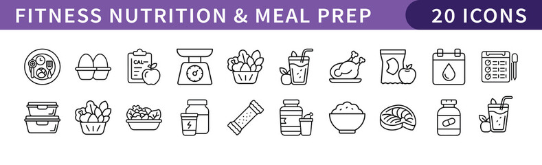 Fitness Nutrition and Meal Prep Icons Set, A set of 20 icons representing fitness nutrition and meal prep essentials, perfect for health, diet, and workout-related projects.
