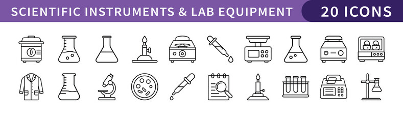 Scientific Instruments and Lab Equipment Icons Set, A collection of 20 icons representing scientific instruments and lab equipment, ideal for research and educational projects.
