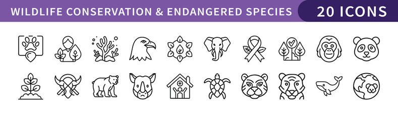 Wildlife Conservation and Endangered Species Icons Set, A set of 20 icons depicting wildlife conservation and endangered species, ideal for environmental and conservation-focused projects.
