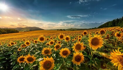 Obraz premium golden sunflowers flourishing in vibrant fields showcasing agricultural beauty and nature s bounty for stunning landscape photography