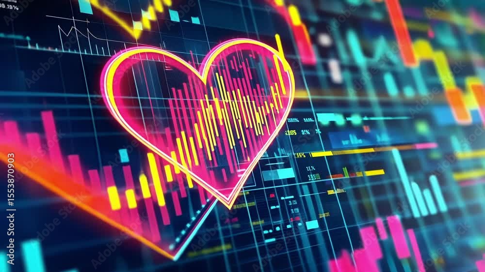 Poster glowing lines of code form a vibrant heart shape on a dynamic digital display, symbolizing the inter