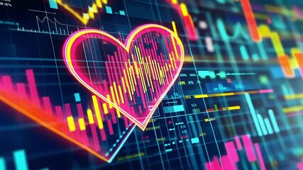 Glowing lines of code form a vibrant heart shape on a dynamic digital display, symbolizing the intersection of technology, emotion, and data analysis in a futuristic setting - Powered by Adobe