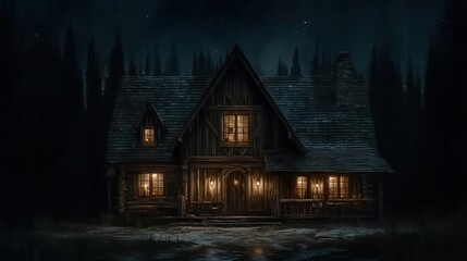 Enchanting fairytale scene featuring Baba Yaga hut illuminated by soft lantern light on a misty evening
