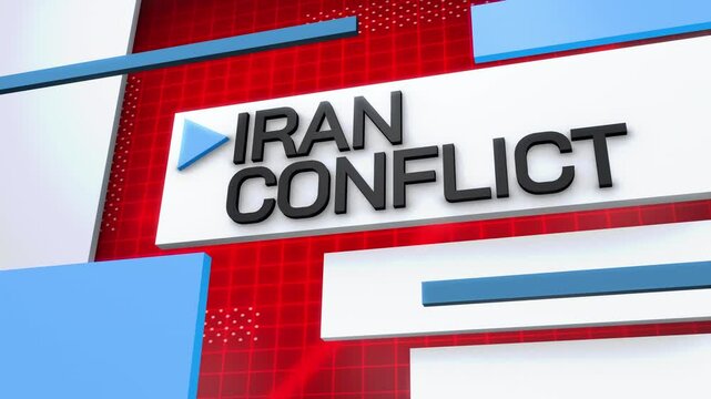 Dynamic green screen transition animation for a news segment titled "Iran Conflict," featuring bold text, a red grid background, and moving blue and white graphics. Designed for impactful geopolitical