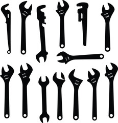 Adjustable wrench vector silhouettes: essential plumbing, mechanical, and automotive hand tools for gripping and turning various fasteners, ideal for versatile repair and construction projects.