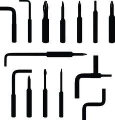 Comprehensive Allen wrench vector silhouettes: diverse L-shaped and screwdriver-style hex key tools, essential for assembly, repair, and mechanical tasks in various industries and DIY projects.