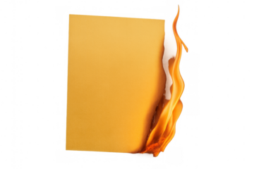 Yellow paper sheet burning with intense orange flames, casting dramatic shadows against transparent backdrop