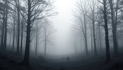 Fototapeta premium Ethereal woods shrouded in fog evokes a sense of mystery with tall, bare trees silhouetted against the hazy backdrop offering a tranquil scene.