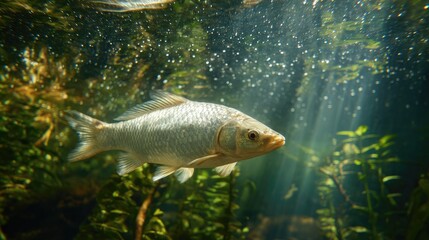 Fototapeta premium Silver fish gliding gracefully through clear aquatic plants under sunlight in a tranquil underwater environment